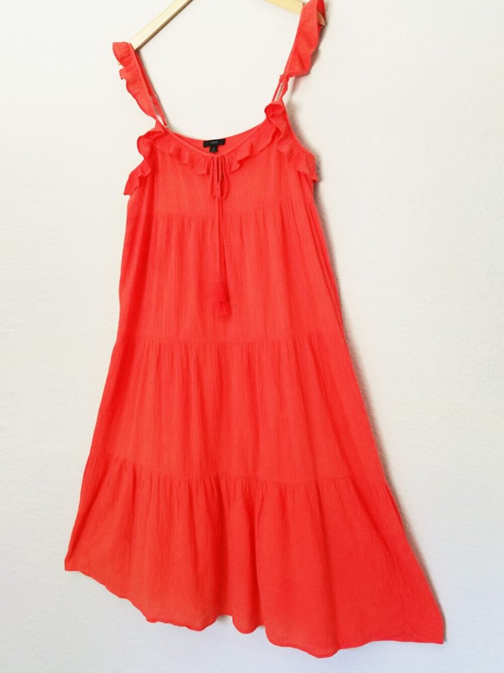 J. Crew Tiered Ruffle Maxi Dress M Crinkle Gauze 100% Cotton Red Orange $128 - Picture 5 of 16